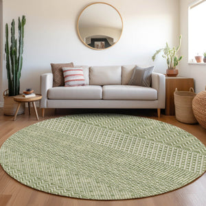 HomeRoots 8' Stylish Green & Ivory Striped Washable Round Rug - Stain Resistant & UV Protected for Busy Homes 674787
