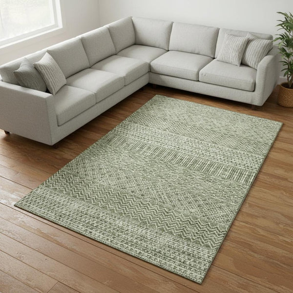 HomeRoots 8' X 10' Green And Ivory Striped Washable Area Rug - Durable, UV-Protected, Perfect for Any Space! 674788