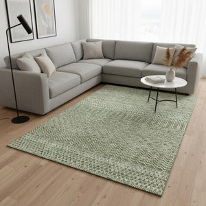 HomeRoots 9' X 12' Green And Ivory Striped Area Rug - Washable, UV-Protected, Perfect for Busy Homes! 674789