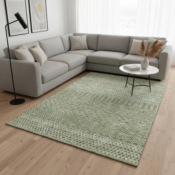 HomeRoots 9' X 12' Green And Ivory Striped Area Rug - Washable, UV-Protected, Perfect for Busy Homes! 674789