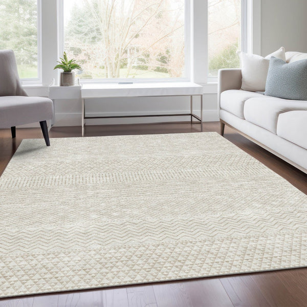 HomeRoots 9' X 12' Ivory and Beige Striped Area Rug - Washable, UV Protected, Stain-Resistant for Busy Homes 674795