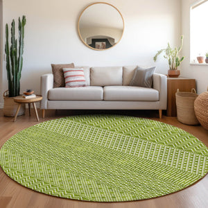 HomeRoots 8' Vibrant Lime Green & Ivory Striped Round Rug - Washable, UV-Protected, Durable for High-Traffic Areas 674799