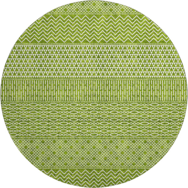 HomeRoots 8' Vibrant Lime Green & Ivory Striped Round Rug - Washable, UV-Protected, Durable for High-Traffic Areas 674799