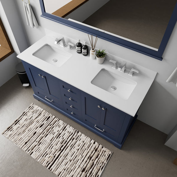 English Elm Navy Double Bath Vanity 60" W x 22" D with Cultured Marble Top, Chrome Faucet, Soft-Close Storage B2731P258383
