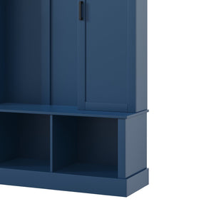 English Elm On-trend Farmhouse Hall Tree with Dual Cabinets Seven Hooks and Arched Entryway Storage Blue N721S000078C