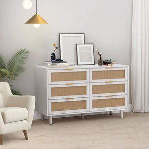 English Elm 51.18"6-Drawers Rattan Storage Cabinet with Woven Fronts, White Dresser for Bedroom & Living Room, Space-Saving Stylish Organizer W757P235127
