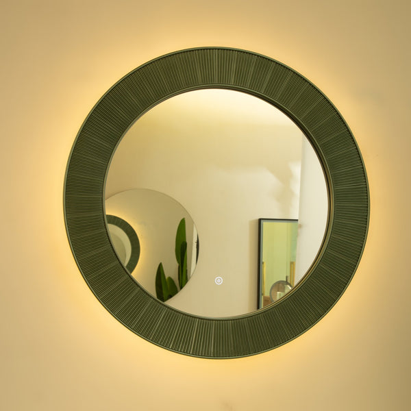 English Elm 31'' Cyclis Mirror with Thick PU Frame, Backlit LED Strip, Touch Dimmer, Three Color Temps, Luxurious Wall Accent Green,Silver W2615P346495