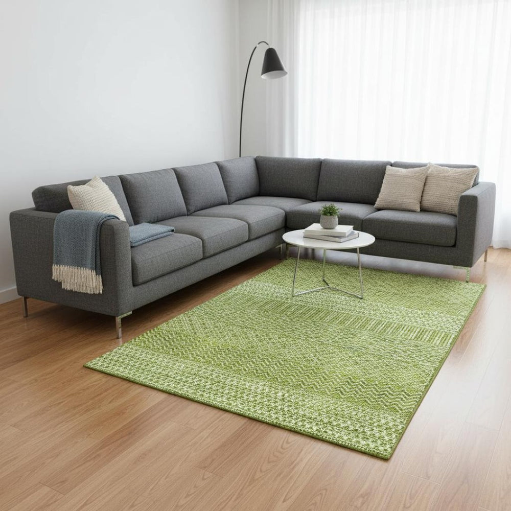 HomeRoots 8' X 10' Vibrant Lime Green & Ivory Striped Washable Area Rug with UV Protection for Sunny Spaces 674800