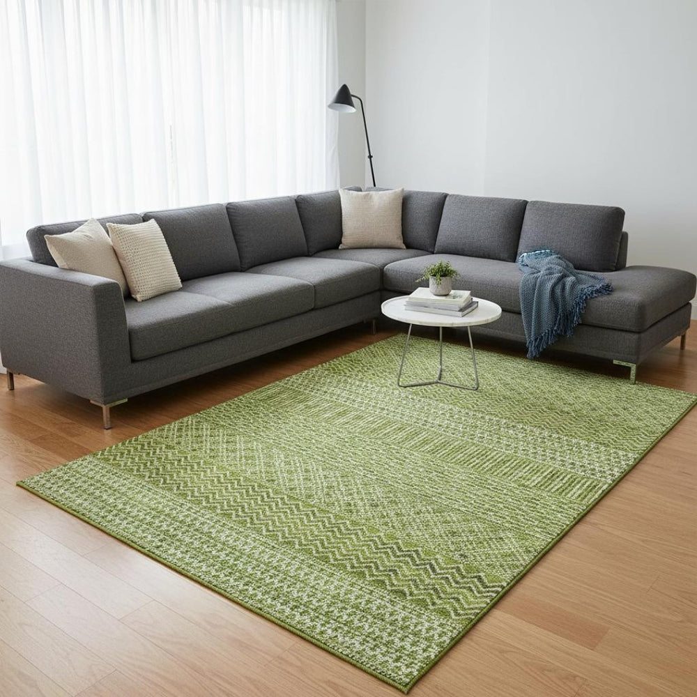 HomeRoots 9' X 12' Lime Green and Ivory Striped Area Rug - Durable, Washable, UV Protected for Stylish Spaces 674801