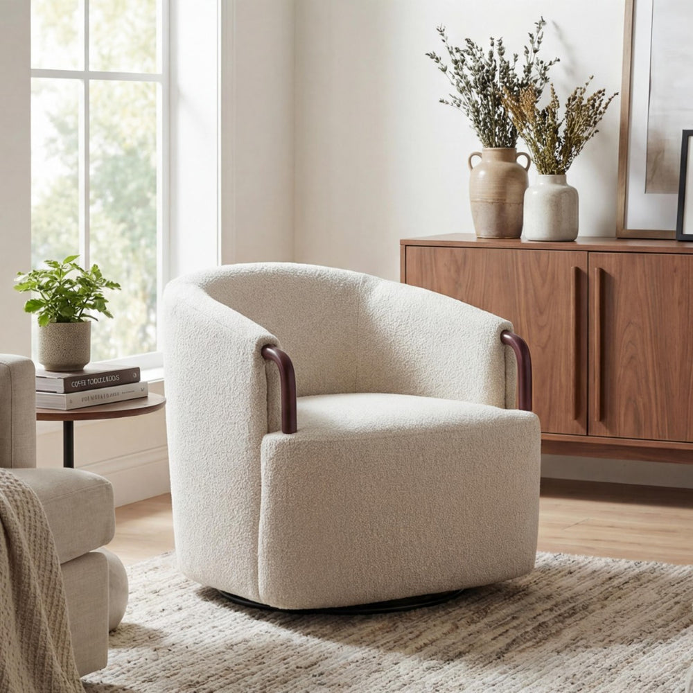 English Elm 30" Boucle Swivel Barrel Chair Wood Accents Sculptural Accent Seating for Any Room N767P422966B