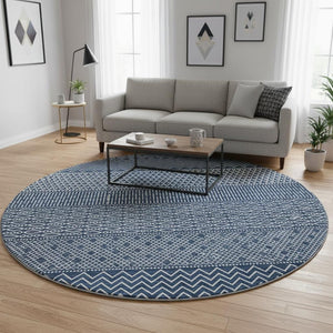 HomeRoots 8' Navy Blue Striped Round Rug - Washable, UV-Protected, Durable, Stylish for Coastal Home Decor 674805