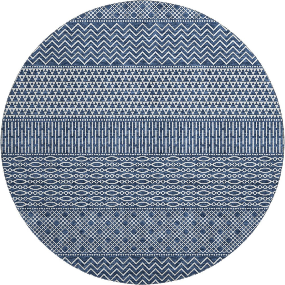HomeRoots 8' Navy Blue Striped Round Rug - Washable, UV-Protected, Durable, Stylish for Coastal Home Decor 674805