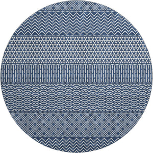 HomeRoots 8' Navy Blue Striped Round Rug - Washable, UV-Protected, Durable, Stylish for Coastal Home Decor 674805