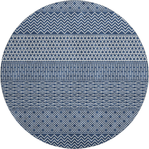 HomeRoots 8' Navy Blue Striped Round Rug - Washable, UV-Protected, Durable, Stylish for Coastal Home Decor 674805