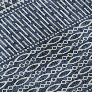 HomeRoots 8' Navy Blue Striped Round Rug - Washable, UV-Protected, Durable, Stylish for Coastal Home Decor 674805