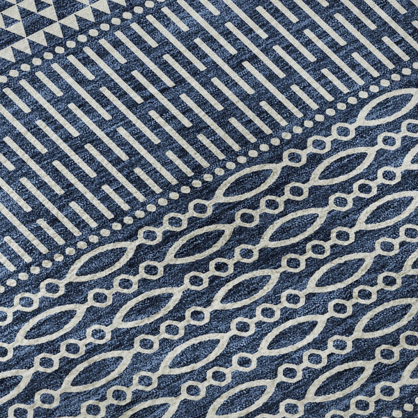 HomeRoots 8' Navy Blue Striped Round Rug - Washable, UV-Protected, Durable, Stylish for Coastal Home Decor 674805