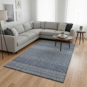 HomeRoots 8' X 10' Navy Blue & Ivory Striped Area Rug - Washable, UV Protected, Durable for High-Traffic Spaces 674806