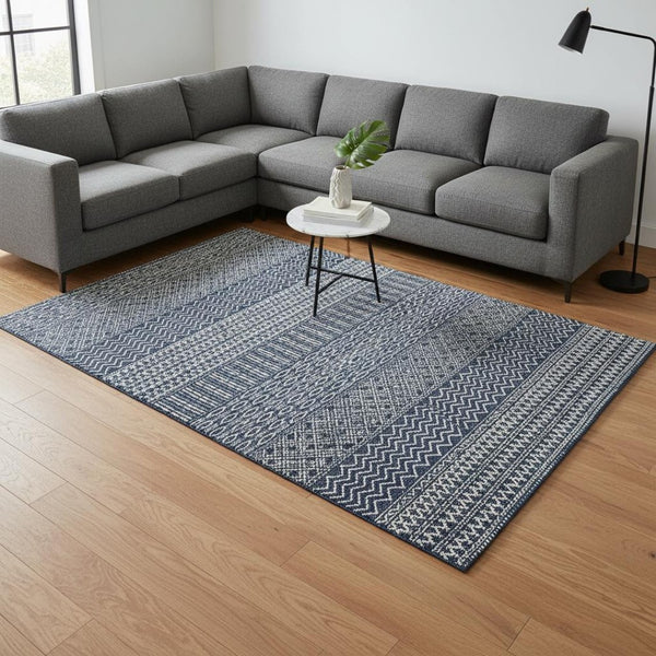 HomeRoots 9' X 12' Navy Blue & Ivory Striped Washable Area Rug - Durable, UV-Protected, Kid & Pet Friendly! 674807