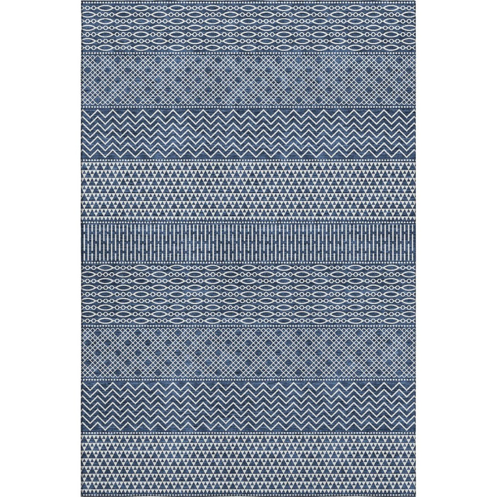 HomeRoots 9' X 12' Navy Blue & Ivory Striped Washable Area Rug - Durable, UV-Protected, Kid & Pet Friendly! 674807