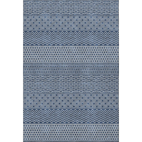 HomeRoots 9' X 12' Navy Blue & Ivory Striped Washable Area Rug - Durable, UV-Protected, Kid & Pet Friendly! 674807