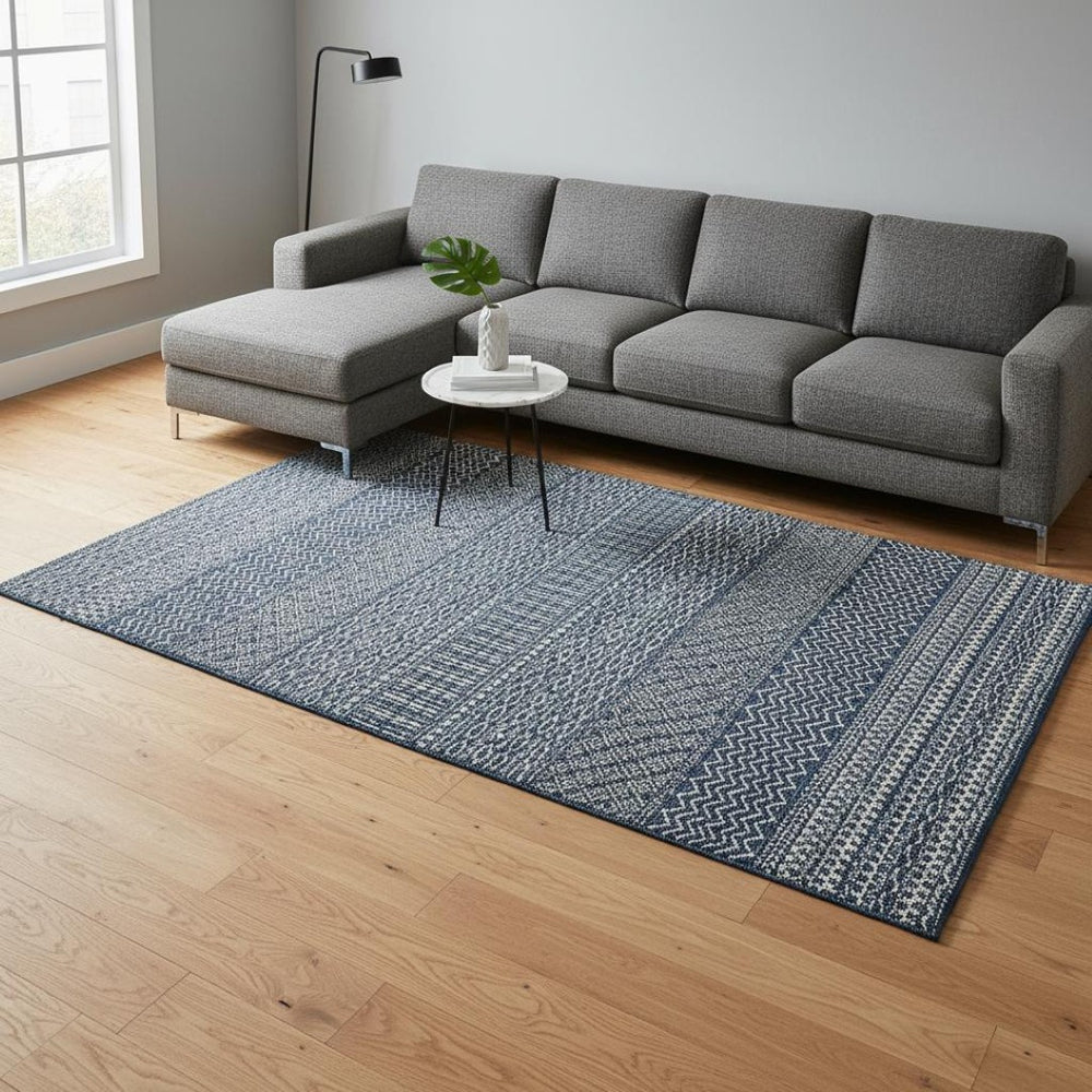 HomeRoots 10' X 14' Navy Blue & Ivory Striped Area Rug - UV Protected, Stain Resistant, Ideal for Family Spaces 674808