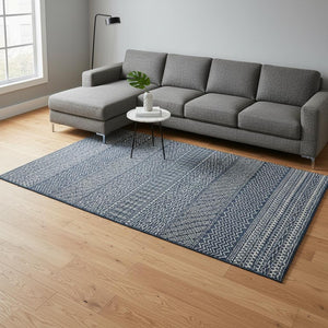 HomeRoots 10' X 14' Navy Blue & Ivory Striped Area Rug - UV Protected, Stain Resistant, Ideal for Family Spaces 674808