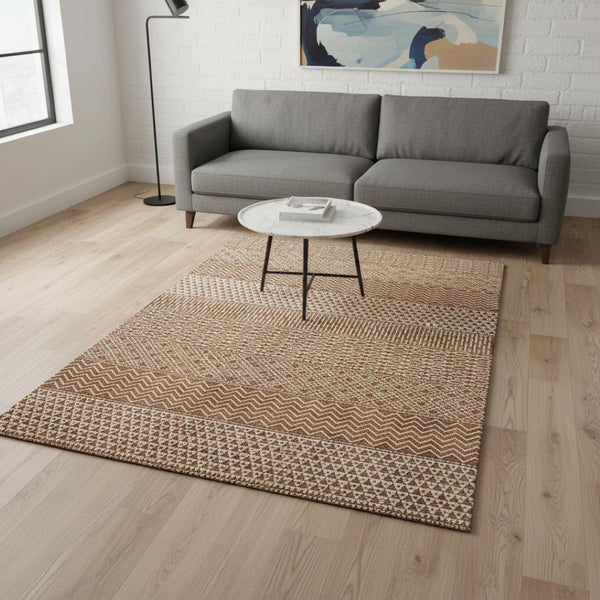 HomeRoots 5' X 8' Stylish Rust and Ivory Striped Washable Area Rug with Stain Resistance and UV Protection 674810