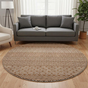 HomeRoots 8' Elegant Rust and Ivory Striped Washable Round Rug with UV Protection for High-Traffic Areas 674811