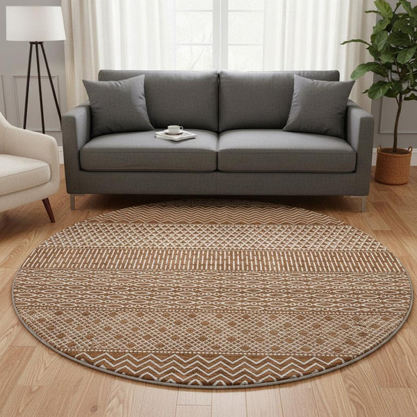 HomeRoots 8' Elegant Rust and Ivory Striped Washable Round Rug with UV Protection for High-Traffic Areas 674811