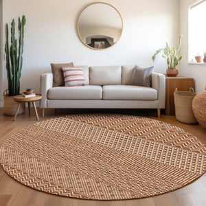 HomeRoots 8' Elegant Rust and Ivory Striped Washable Round Rug with UV Protection for High-Traffic Areas 674811