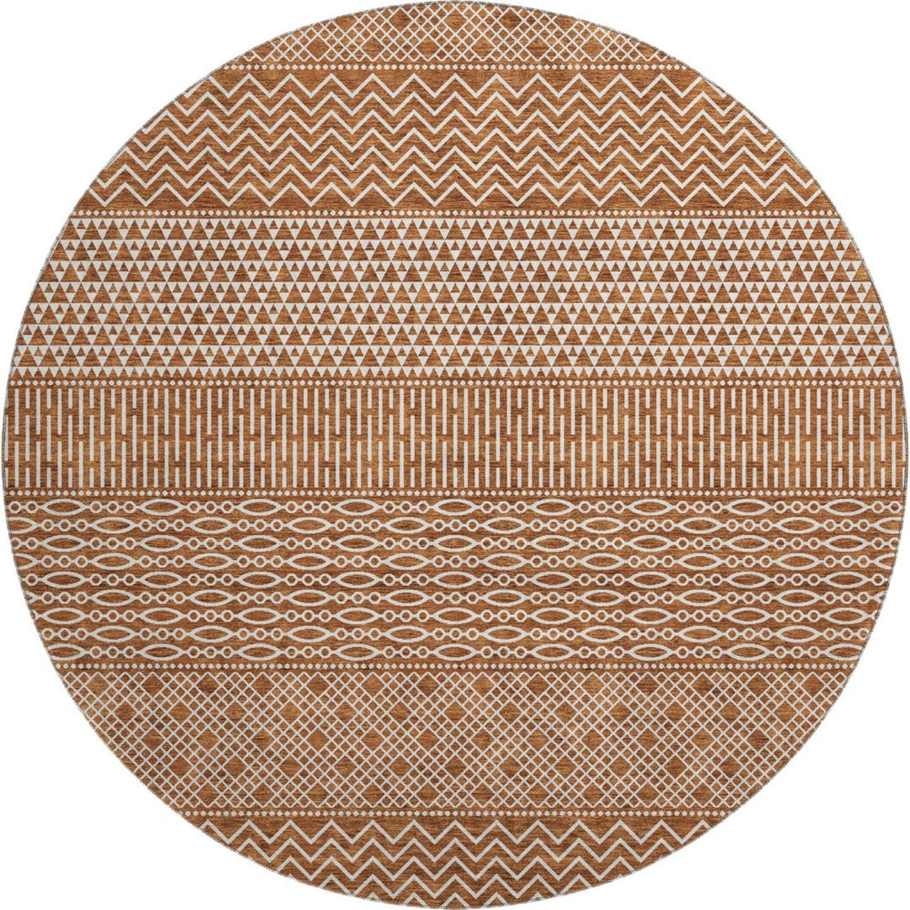 HomeRoots 8' Elegant Rust and Ivory Striped Washable Round Rug with UV Protection for High-Traffic Areas 674811