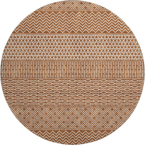 HomeRoots 8' Elegant Rust and Ivory Striped Washable Round Rug with UV Protection for High-Traffic Areas 674811