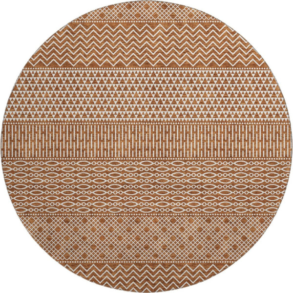 HomeRoots 8' Elegant Rust and Ivory Striped Washable Round Rug with UV Protection for High-Traffic Areas 674811