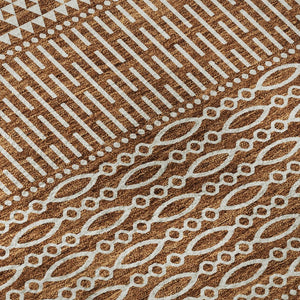 HomeRoots 8' Elegant Rust and Ivory Striped Washable Round Rug with UV Protection for High-Traffic Areas 674811