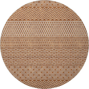 HomeRoots 8' Elegant Rust and Ivory Striped Washable Round Rug with UV Protection for High-Traffic Areas 674811