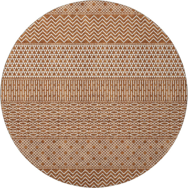 HomeRoots 8' Elegant Rust and Ivory Striped Washable Round Rug with UV Protection for High-Traffic Areas 674811