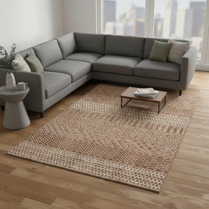 HomeRoots 9' X 12' Striped Rust and Ivory Washable Area Rug with UV Protection for Family-Friendly Spaces 674813