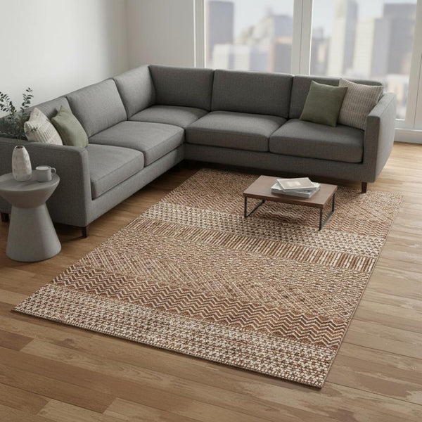 HomeRoots 9' X 12' Striped Rust and Ivory Washable Area Rug with UV Protection for Family-Friendly Spaces 674813