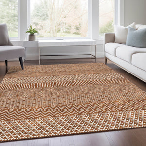 HomeRoots 9' X 12' Striped Rust and Ivory Washable Area Rug with UV Protection for Family-Friendly Spaces 674813