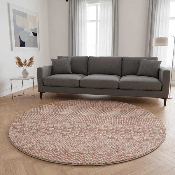 HomeRoots 8' Salmon and Ivory Striped Washable Round Rug - UV Resistant, Durable, Stylish for Any Space! 674817