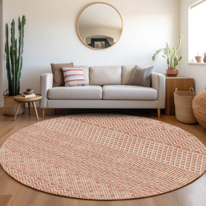 HomeRoots 8' Salmon and Ivory Striped Washable Round Rug - UV Resistant, Durable, Stylish for Any Space! 674817