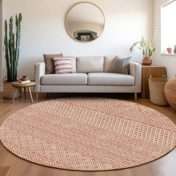 HomeRoots 8' Salmon and Ivory Striped Washable Round Rug - UV Resistant, Durable, Stylish for Any Space! 674817