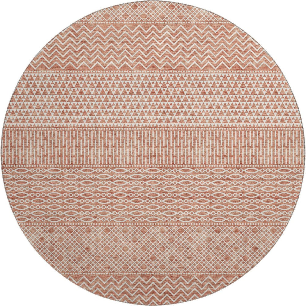 HomeRoots 8' Salmon and Ivory Striped Washable Round Rug - UV Resistant, Durable, Stylish for Any Space! 674817