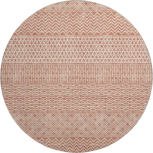 HomeRoots 8' Salmon and Ivory Striped Washable Round Rug - UV Resistant, Durable, Stylish for Any Space! 674817