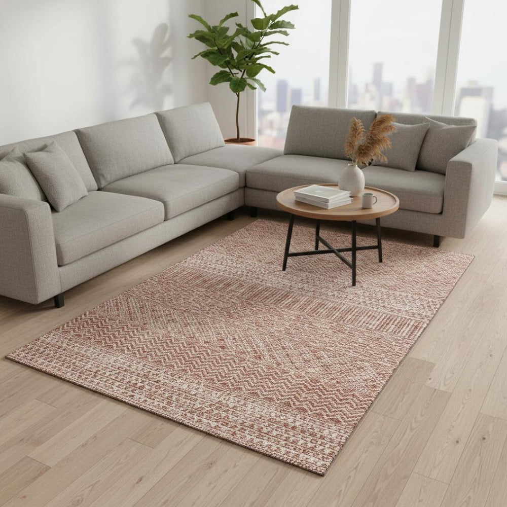 HomeRoots 8' X 10' Salmon and Ivory Striped Washable Area Rug - Durable, UV Protected, Perfect for Busy Homes! 674818