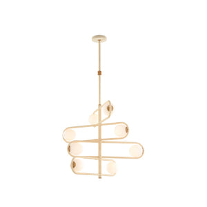 Wildwood Sol Hand-Wrapped Rattan Chandelier With Six Milk Glass Globes, Three-Tier Geometric Statement Fixture 55.5h x 31w x 31d 67482