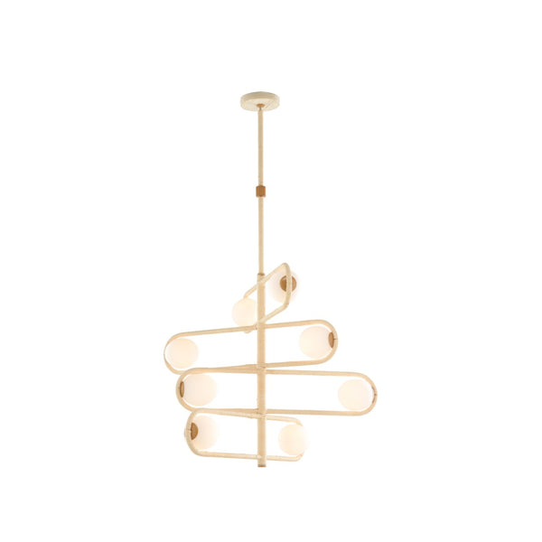 Wildwood Sol Hand-Wrapped Rattan Chandelier With Six Milk Glass Globes, Three-Tier Geometric Statement Fixture 55.5h x 31w x 31d 67482