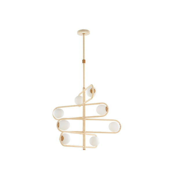 Wildwood Sol Hand-Wrapped Rattan Chandelier With Six Milk Glass Globes, Three-Tier Geometric Statement Fixture 55.5h x 31w x 31d 67482
