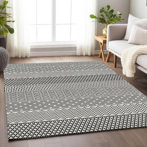 HomeRoots 5' X 8' Stylish White and Black Striped Area Rug – Washable, UV-Protected, Durable for High Traffic Areas 674822