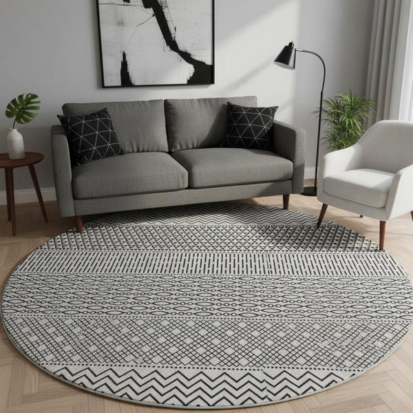 HomeRoots 8' White and Black Striped Washable Round Rug - Durable, UV-Protected, Easy-Care Design for Any Space 674823